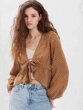 American Eagle Outfitters Silky Long Sleeve Tie-Front Brown Polkadot Top